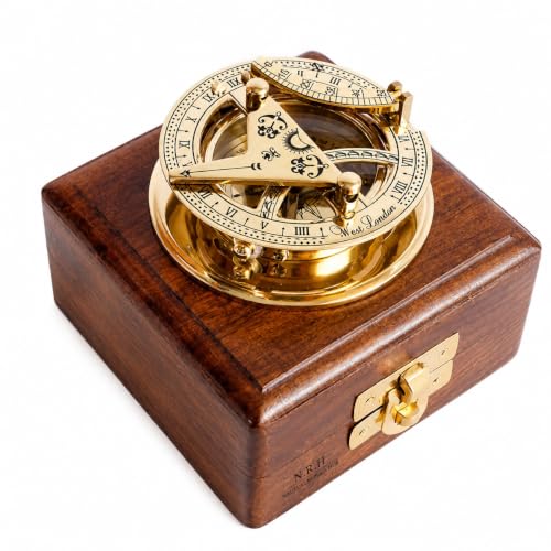 Brass Sundial Compass -Solid Brass Pocket Sundial - West London with Wooden Box Rustic Vintage Home Decor Gifts
