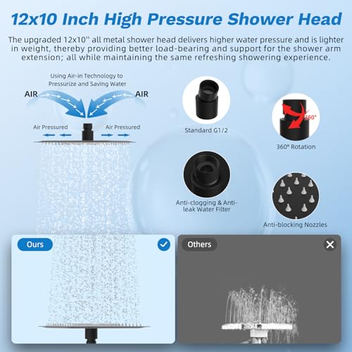 Image of Hibbent High Pressue All Metal 12 inch Rainfall Shower Head, Handheld 10-Spray | cUPC Certified Matte Black Dual Showerhead Combo, 4-way Diverter with Pause Mode, Brass Extension Arm, 71'' Hose & Holder