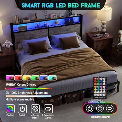 Image of King Size Bed Frame with Headboard, Metal Platform Bed Frame with LED Lights & Charging Station, Under Bed Storage, Solid and Stable, No Box Spring Needed, Noise Free, Easy Assembly, Rustic Grey