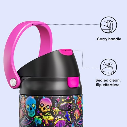 Image of Encool SwiftSip Insulated Stainless Steel Water Bottle with Straw - Leak Proof Sports Water Bottle for School, Travel, Keeps Cold All Day, One-Touch Flip Lid, BPA-Free, 24 oz, Trippy Skulls