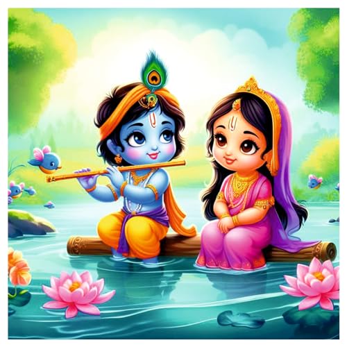 Image of Akki World Bal Krishna With Radha River Point God Wall Poster For Pooja Room, Office, Bedroom (Size- 46Cm X 46Cm)