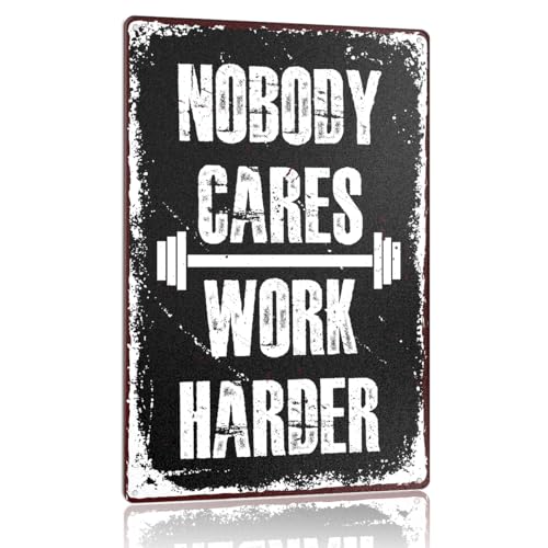 Vintage Gym Motivational Metal Decor Sign for Home Workout Fitness Room Gym Wall Art Decorations, Gym Coach Lover Gifts for Women Man Trainer Exercise Lover, No Body Caraes Work Harder, 12 X 8 Inches