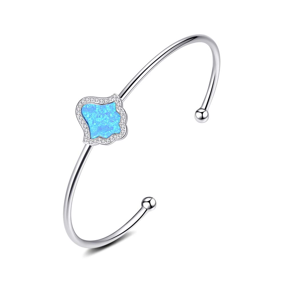 TONGZHEHamsa Hand of Fatima Open Cuff Bangle Bracelet Sterling Silver in Rhodium Blue Synthetic Opal for Women 7"