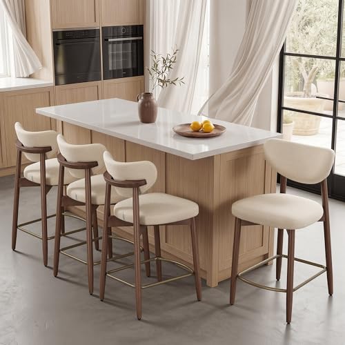 Image of VASAGLE Wooden Bar Stools Set of 4, Upholstered Counter Height Barstools with Solid Wood Legs, Ergonomic Backrest, Mid Century Modern, for Kitchen Island, Linen-Look Fabric, Cappuccino Beige