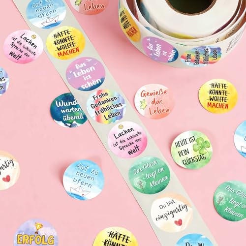 500 Aufkleber 12 Designs mit inspirierenden Sprüchen, 2,5 cm Deutsch Papier ästhetische Sticker, lustige Aufkleber für Geschenk, Fotoalbum, Scrapbooking, Umschlag und DIY