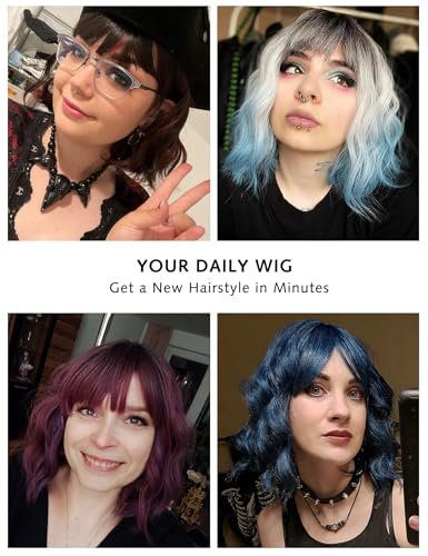 Image of Rose bud Wavy Bob Wig with Bangs Natural Ombre Green Wig Synthetic Hair Shoulder Length Short Curly Wigs for Women