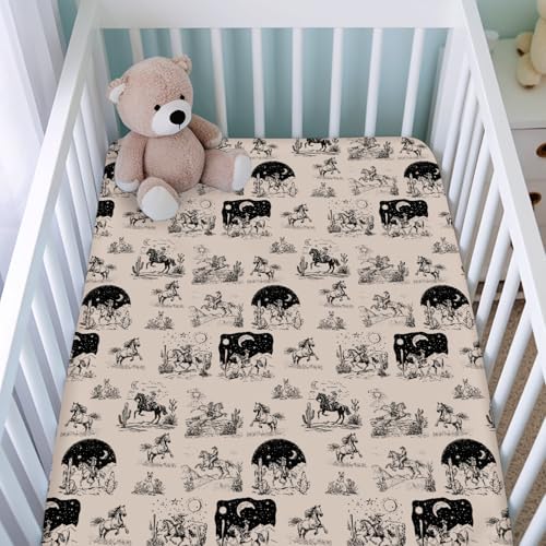 Image of Vintage Western Cowboy Fitted Baby Crib Sheet for Girl Boy 52 inchx28 inch Cowboy Horse Cactus Desert Moon Night Soft Crib Mattress Cover Breathable Baby Sheets Fits Standard Crib and Toddler Mattress Pads