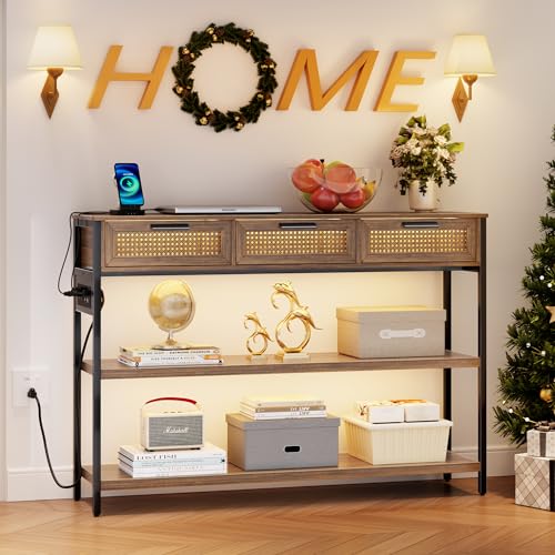 Lvifur Mesa Consola con lámpara LED y Patas Ajustables, Mesa de sofá con 3 cajones y enchufes, Mesa Auxiliar con estación de Carga Inteligente para salón, Entrada