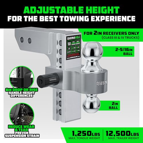 Image of Rhino USA Adjustable Trailer Hitch (2-Inch Receiver) - Heavy Duty Aluminum Tow Hitches with 8-Inch Drop /Rise for Truck (12,500 LBS GTW) - Weatherproof Double Anti-Theft Locking Hitch Pins (Silver)