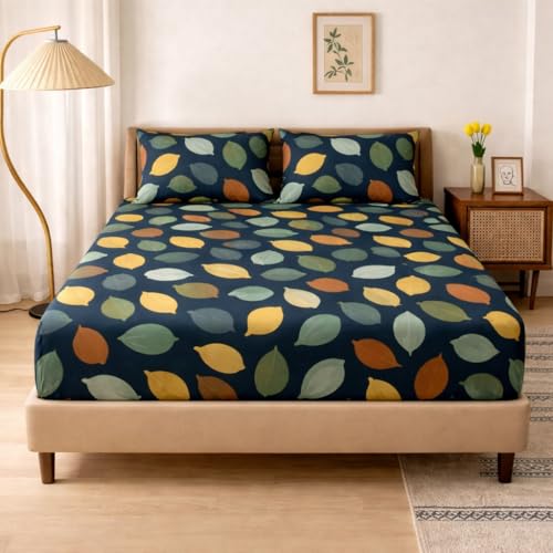Image of Cotton Elastic Fitted Bedsheets with 2 King Size Pillow Covers Double Bed with All Around Elastic Supersoft Size - 72 King Sizex78+8 inches Color - Midnight Teal