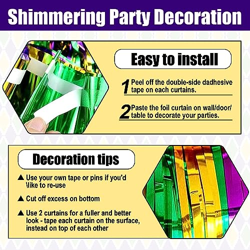 Image of 6 Pack Gold Green Purple Foil Fringe Curtain Backdrop, 3.28Ft x 8.2Ft Metallic Tinsel Foil Fringe Streamer Curtains for Photo Booth, Christmas Day, Thanksgiving, Wedding, New Year Party Decorations