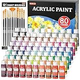 80 Colors Acrylic Paint, Shuttle Art Acrylic Paint set with 12 Paint Brushes, 2oz/60ml Bottles, Rich Pigmented, Water Proof, Premium Paints for Artists, Beginners and Kids on Canvas Rocks Wood Ceramic