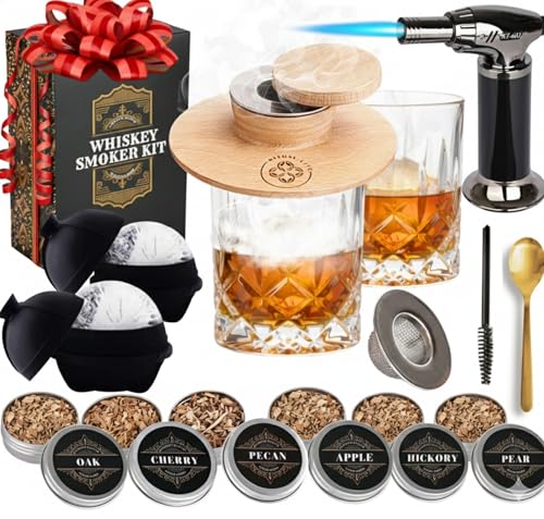 Whiskey Smoker Kit - Cocktail Smoker Kit with Torch, 2 Whiskey Glasses, 2 Ice Ball Makers, 6 Flavors Wood Chips - Old Fashioned Smokers - Bourbon Drink Smoking Set - Whiskey Accessories Gifts for Men
