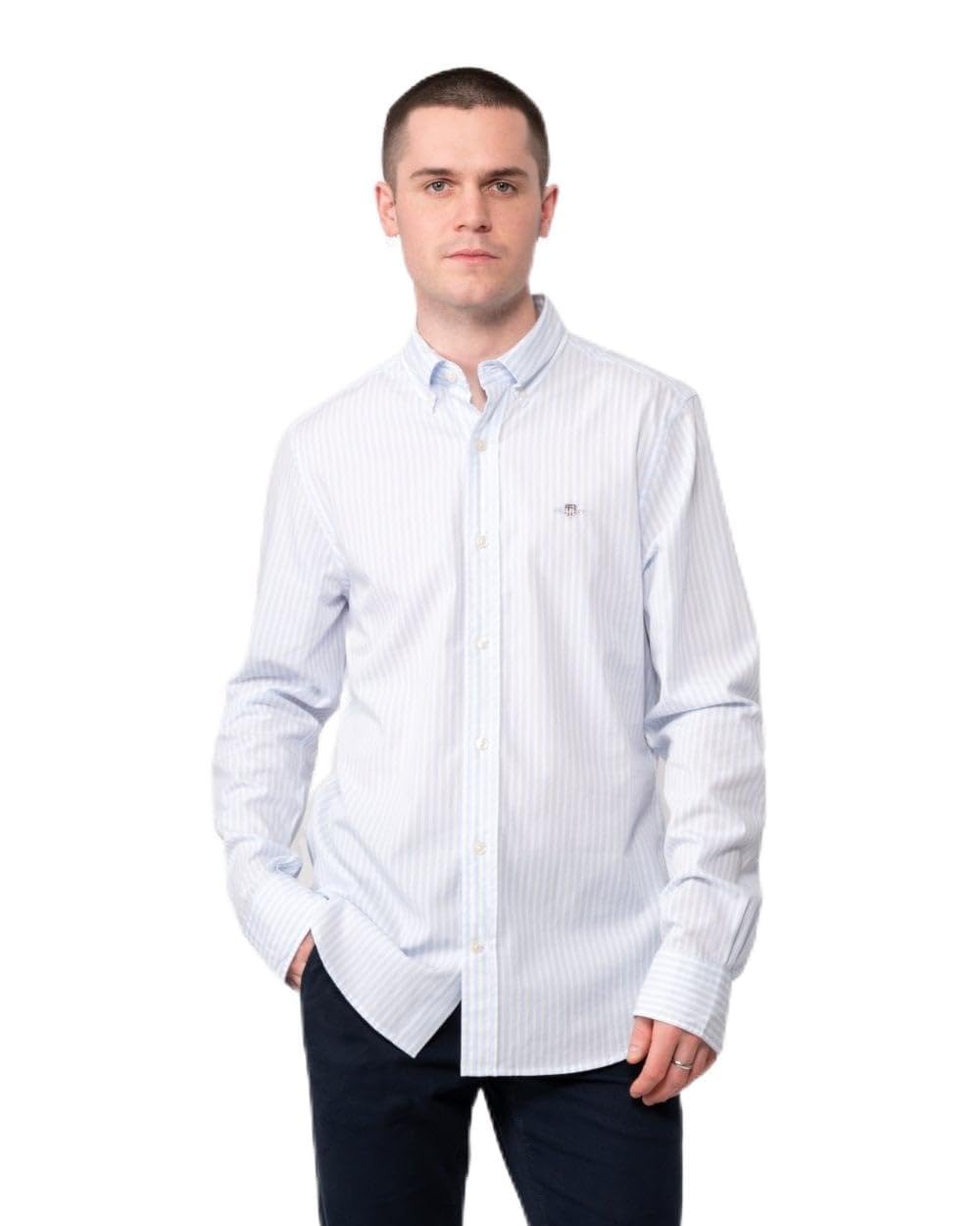 GANT Men's Slim Poplin Stripe Shirt with Stripes Slim Fit, Light Blue, M