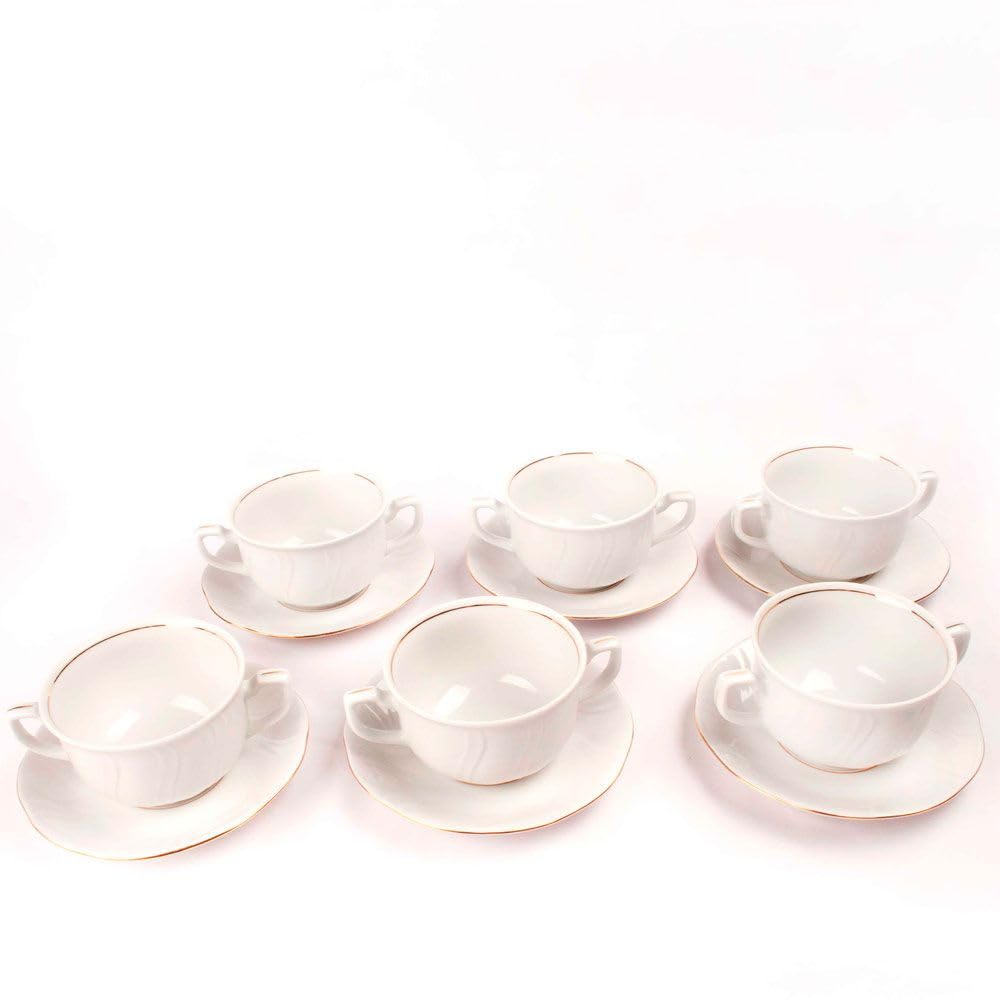 Juego de boles (24 piezas) consomé de porcelana blanca Lubeck, 12 boles consomé con asas (35 cl), 12 platillos para tazas, con filo de oro