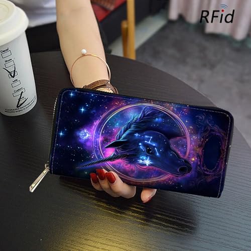 Image of RFID Blocking Leather Wallet for Women - Large Capacity Zip Around Clutch with 8 Card Slots,13 Cash Pockets & Coin Zipper,Galaxy Nebula Horse