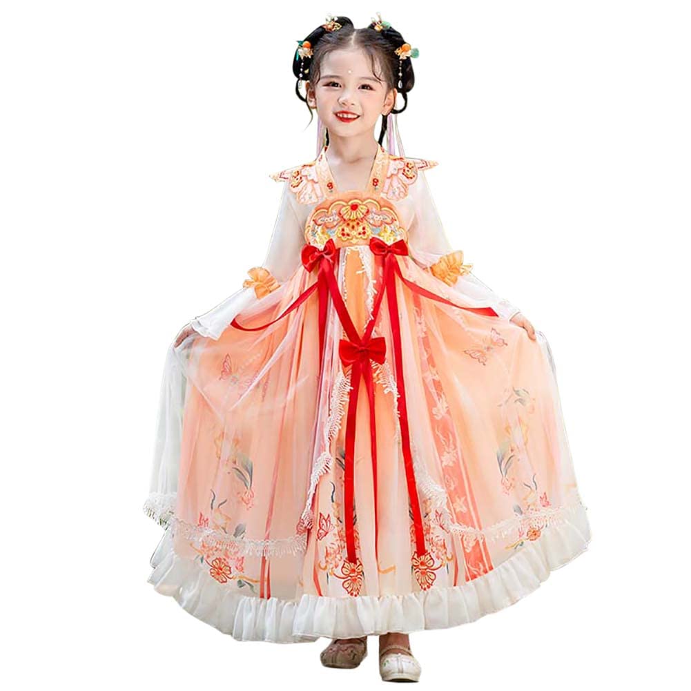 GenericDeluxe Girls Hanfu Costume Ancient Chinese Traditional Flower Embroidery Halloween Party Folk Dance Performance Wear