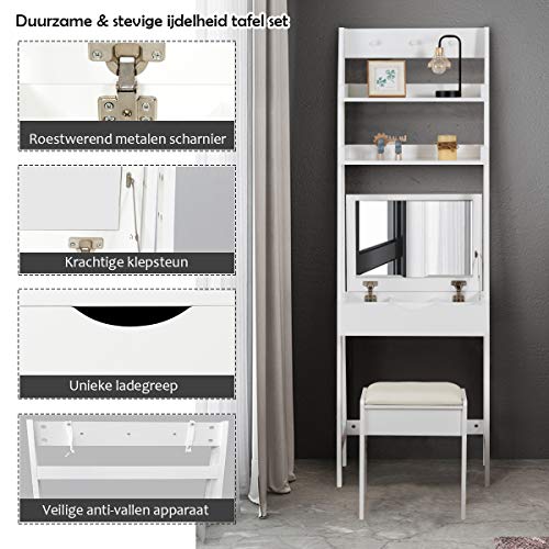 COSTWAY Kaptafel set met openen bovenkant spiegel, make-up tafel set met 3 haken & 2 opbergplank, 6 verwijderbare… - Image 4