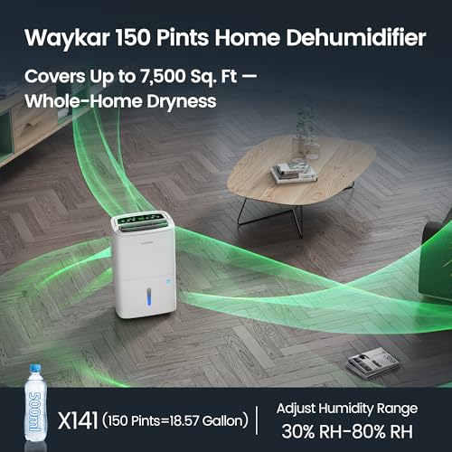 Image of Waykar 150 Pints 7500 Sq.Ft Energy Star Dehumidifier with Pump for Basement | Dehumidifier for Home, Warehouse, with Drain Hose and Tank, Auto Defrost, Self-Drying, Quiet Operation