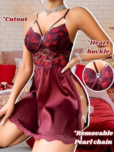 Heart Lace Babydoll Lingerie,Lip Embroidered Cutout Sexy Satin Dress,One Piece Chain Side Slit Nightgown Boudoir4