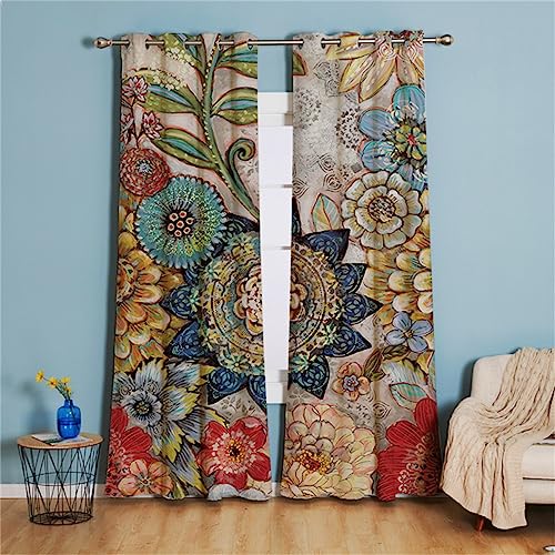 Koudi Boho Floral Blackout Curtains Colorful Flowers Bohemian Window Curtain Drapes with Grommet Thermal Insulated for Bedroom Living Room Dining Room, 2 Panels, 52x96 Inch
