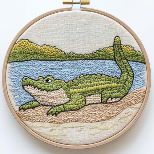 Punch Needle kit for Beginners, Punch Stitching kit for Adults, Needle Punch Kits for Adults – Crocodile basking in The Sun Embroidery Set for All Ages