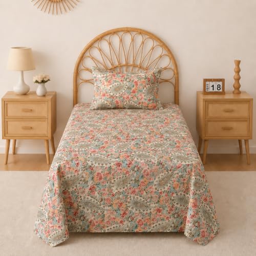 Image of BSB HOME 240 TC Premium Cotton Single Bedsheet, Soft Breathable Comfortable Floral Printed Bed Sheet, Elegant Durable Bedding for Bedroom, Easy Care Bedsheet, 60 x 90 Inches(152 x 229 cm) - Warm Sand