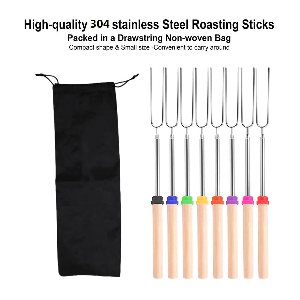 TIPTAP Marshmallow-Bratstäbchen – 10 Stück, Ausziehbar (30,5–81,3 Cm), Edelstahl Mit Holzgriff, Bunte Ringe