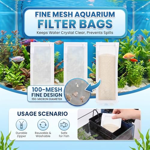 Image of Geiserailie 4 Pcs Aquarium Filter Media Bags 150 Micrometer Fine Filter Bags Mesh Reusable with Zipper for Activated Carbon Resins (3.1 x 7.9 Inch)