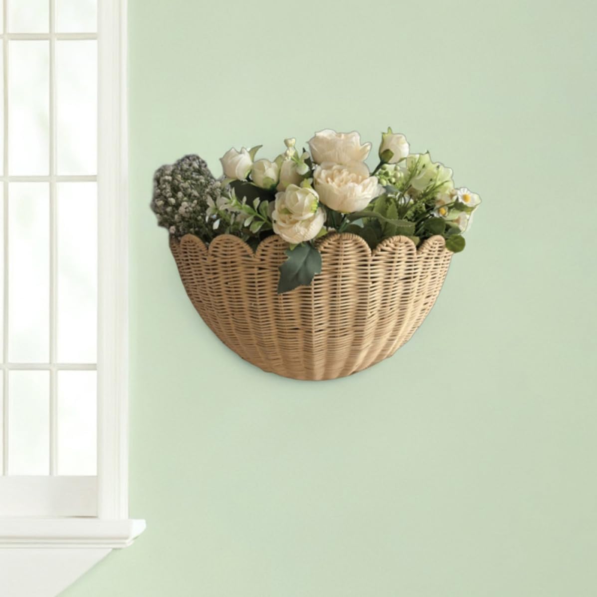 Rustic Fan-shaped Woven Rattan Wall Hanging Storage Basket with Handwoven Craftsmanship, Space-saving Design for Home Decor and Kitchen Organization in Beige