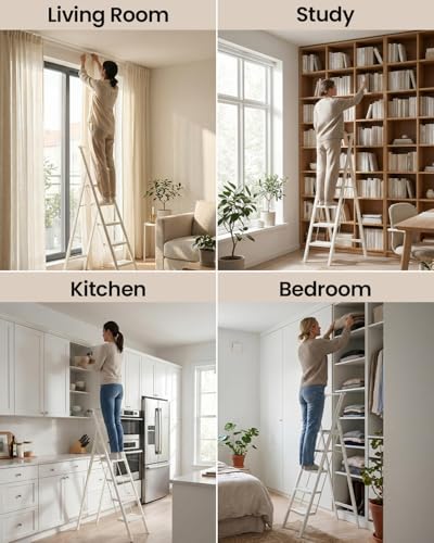 Image of SOLADDER 5 Step Ladder, Folding Step Stool, White Foldable Iron Ladder for 10 Foot High Ceiling with Anti-Slip Wide Sturdy Pedal and Handgrip, Multi-Use for Home (300 lbs Capacity)