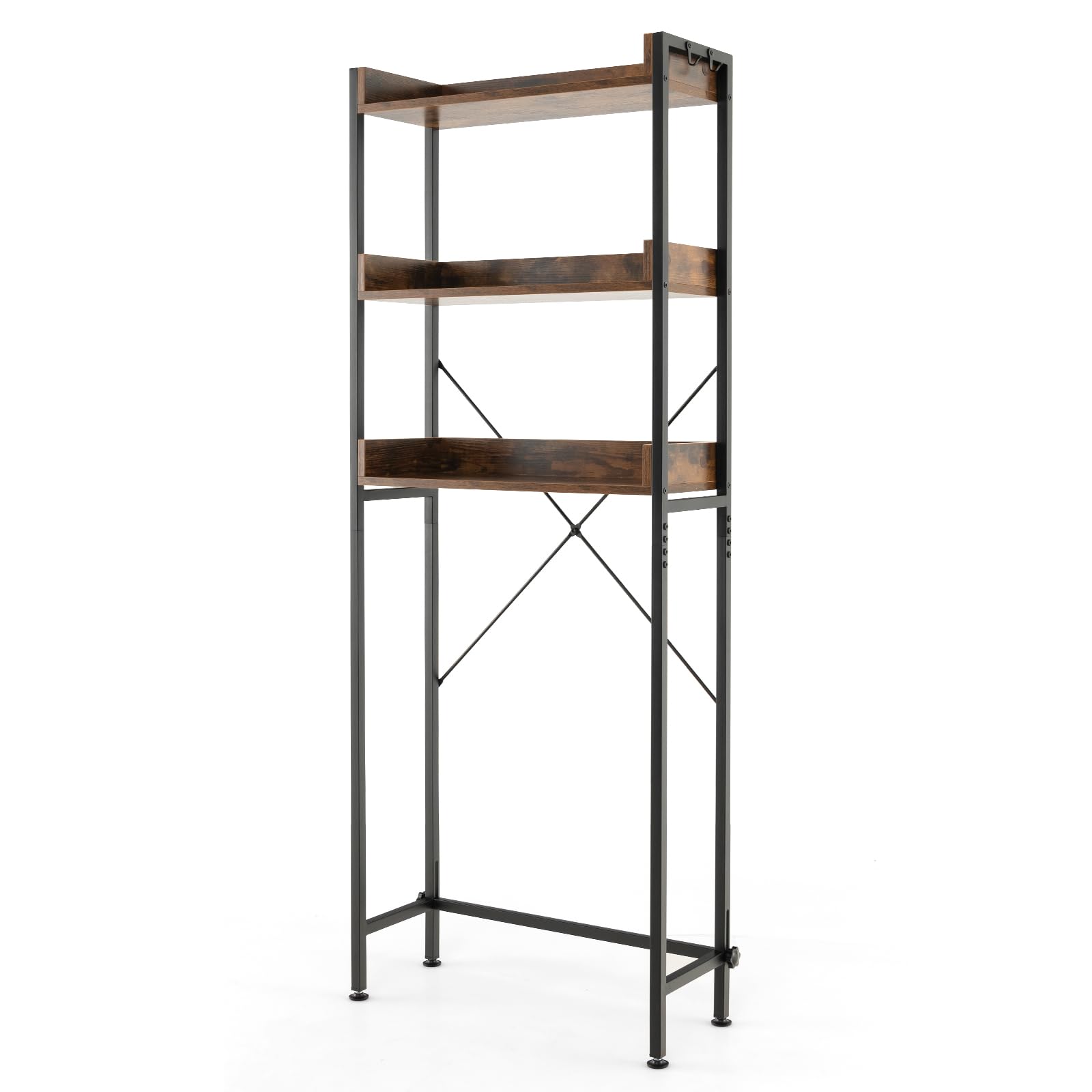 LIFEZEAL Mueble sobre indoro, Estante de 3 Niveles con 4 Ganchos, Mueble de almacenaje de baño, Estilo Industrial, Dispositivo antivuelco (Marrón)