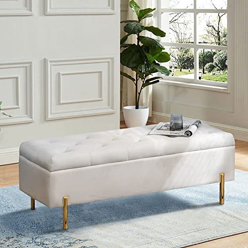 Andeworld Ottoman with Storage Bench, Modern Velvet Upholstered Rectangular Tufted Footstool Bench, Large Storage Bench for Bedroom,Living Room,Entryway (Ivory)