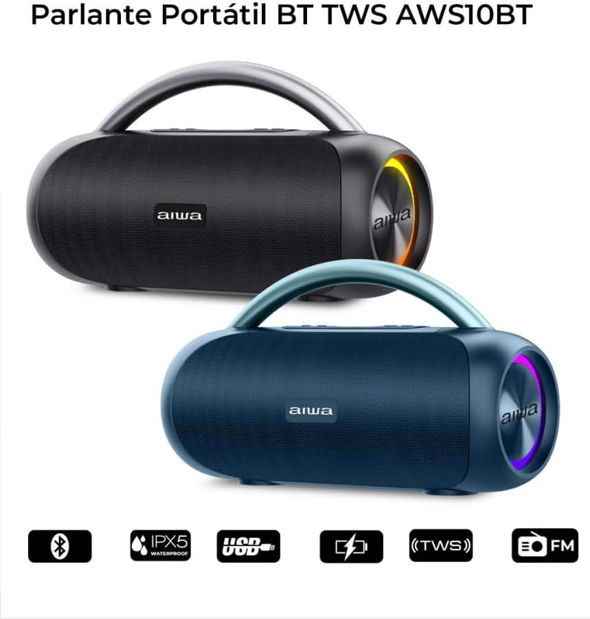 Two Aiwa AWS10BTB speakers, one black and one blue, illustrating TWS pairing