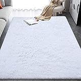 FZCBY Moderne Langflor Teppich, rutschfest Wohnzimmer Teppiche, Flauschiger Weicher Schlafzimmer Teppich, Für-Shaggy Kinderteppiche, Weiß, 90x150 cm