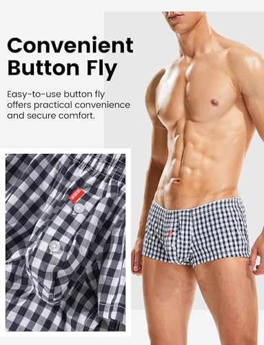 Panegy Men's Plaid Striped Pajama Shorts Low Rise Boxer Briefs Bulge Pouch Button Front Sleep Bottom2