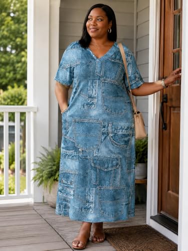 Image of SUZONANA Plus Size Denim Print Maxi Dresses for Women Casual V Neck Short Sleeve with Pockets Soft Jean Look Dress XL-6XL