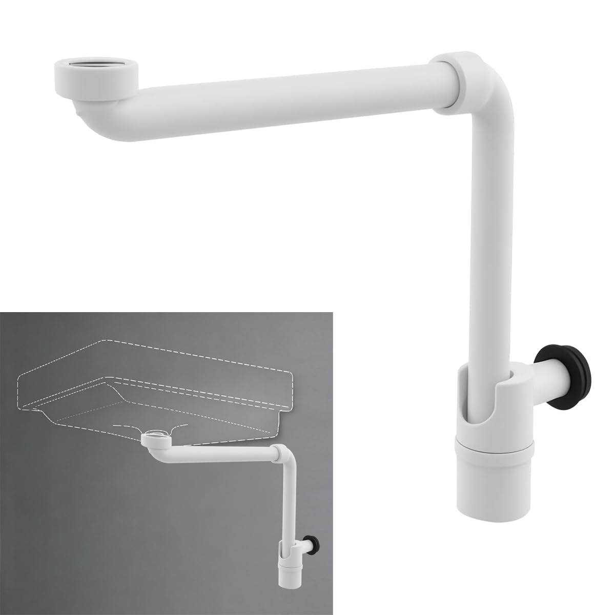 Siphon de lavabo compact 32 mm, siphon pivotant réglable en P pour salle de bain, tuyau d'évacuation mural rotatif à 360° (blanc)