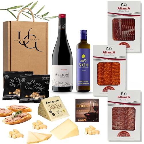 UNIVERSO GOURMET | Cesta Gourmet para Regalar | Vino DO.Ribera | Aceite Oliva Virgen Extra | Embutidos Ibericos Bellota | Paleta Ibérica y Queso Oveja | Pate Pedro Ximenez y Picos Pan Artesanos