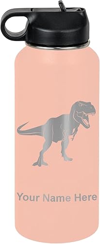 Vista 314 de LaserGram Botella de agua personalizada, dinosaurio tiranosaurio Rex, acero inoxidable de doble pared aislada al vacío con popote superior, regalo