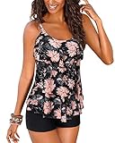 DOULAFASS Women Ruffle Tankini Set with Boyshort 2 Piece Plus Size Swimsuit Swimwear Pink Black