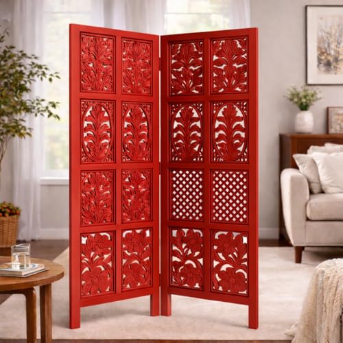 Image of Wooden Room Divider | MDF Privacy Screen Partition | Freestanding Folding Floor Panel | Decorative Carved Handicraft Separator for Living Room, Bedroom & Office (Red, 5 feet 2 Panels)