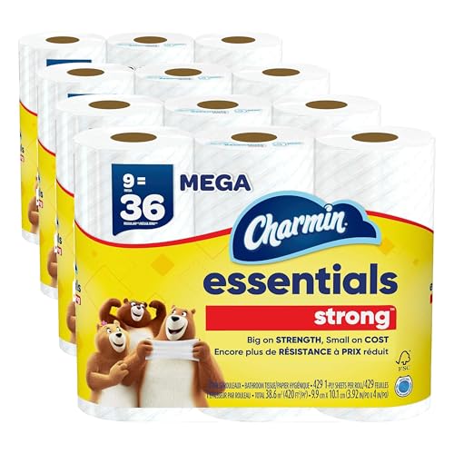 Image of Charmin Essentials Strong Toilet Paper, 9 Mega Rolls = 36 Regular Rolls (Pack of 4)