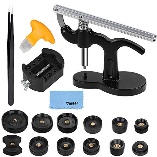Vastar Herramienta de Prensa de Tapa de Reloj - Herramienta de Reloj para Cierre de Presión la Tapa Trasera de Reloj con Pinzas, Base Fija, Palanca, el Manual del Usuario y 12 Troqueles(Negro) Cover