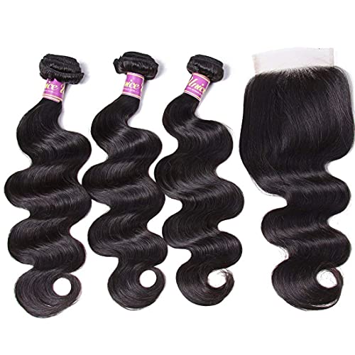 Image of UNice Hair Malaysian Body Wave Hair 3 Bundles with Free Part 4x4 Lace Closure, 100% Unprocessed Virgin Human Hair Weave Extensions Natural Color(16 18 20+14Closure)