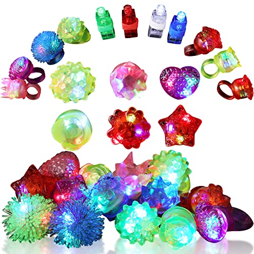 50 Pieces Glow in The Dark Supplies Include 36 Pieces Finger Lights LED Rave Laser Assorted Toys and 14 Pieces LED Light up Rings Glow Jelly Rings for Halloween Birthday Party Favors Classroom Prizes