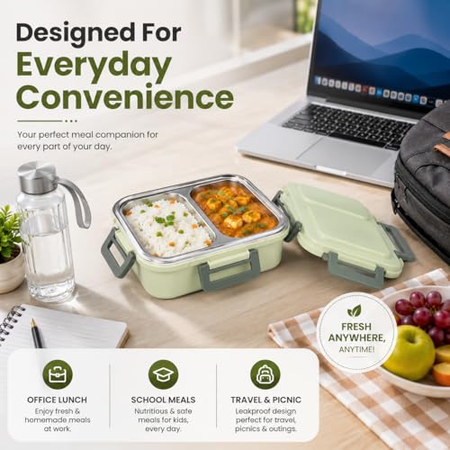 Image of Premium 2 Compartment Stainless Steel Lunch Box with Airtight Leakproof Lid | Durable Food Storage Bento Box with Secure Lock Clips (Grey Color)