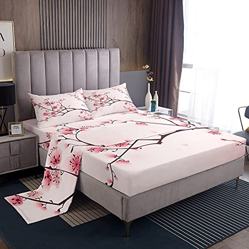 Cherry Blossoms Bed Sheets Girl Pink Floral Sheet Set Full 4 Pcs Japanese Spring Bed Sheets Set + Blossom Petal Branch Floral Flat Sheet + Decor 2 Pillow Cases for Women,Girly Romantic Style