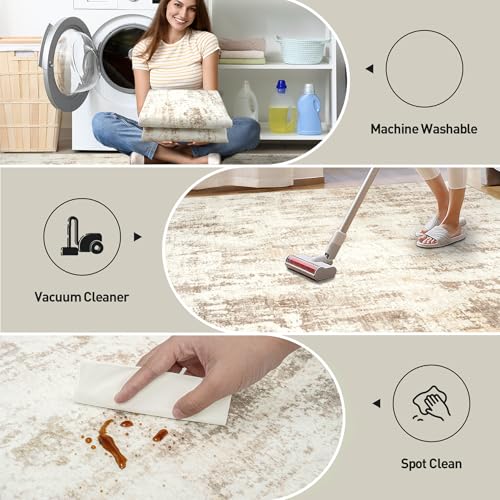 9x12 Area Rugs Washable Rug: Modern Abstract Living Room Rug Soft Anti-Skid Thin Carpet Indoor Floor Non-Shedding Carpets for Bedroom Dining Room Farmhouse Nursery Home Office Beige Grey