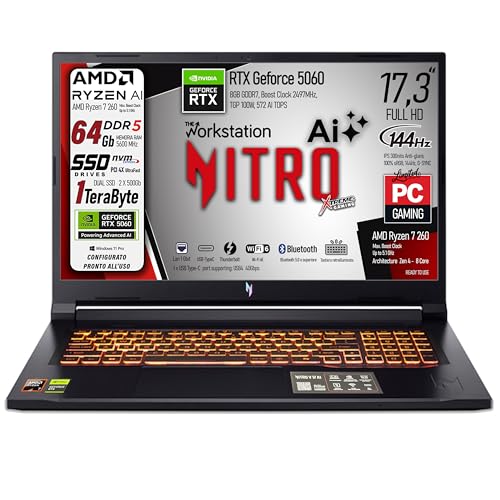 acer Notebook Gaming Nitro V17 Ai, Ryzen7 260, Ram 64Gb ddr5, SSD da 1Tb(500Gb X 2), Display 17,3' FHD IPS 144Hz, NVIDIA GeForce RTX 5060 8Gb GDDR7, Wi-Fi 6e, Thunderbolt 4.0, Win 11Pro, Ready to use
